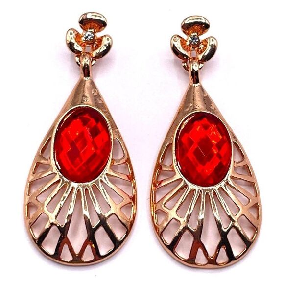 Yellow Gold with Ruby and White Crystal Teardrop Flower Post Back Earrings - Picture 1 of 6